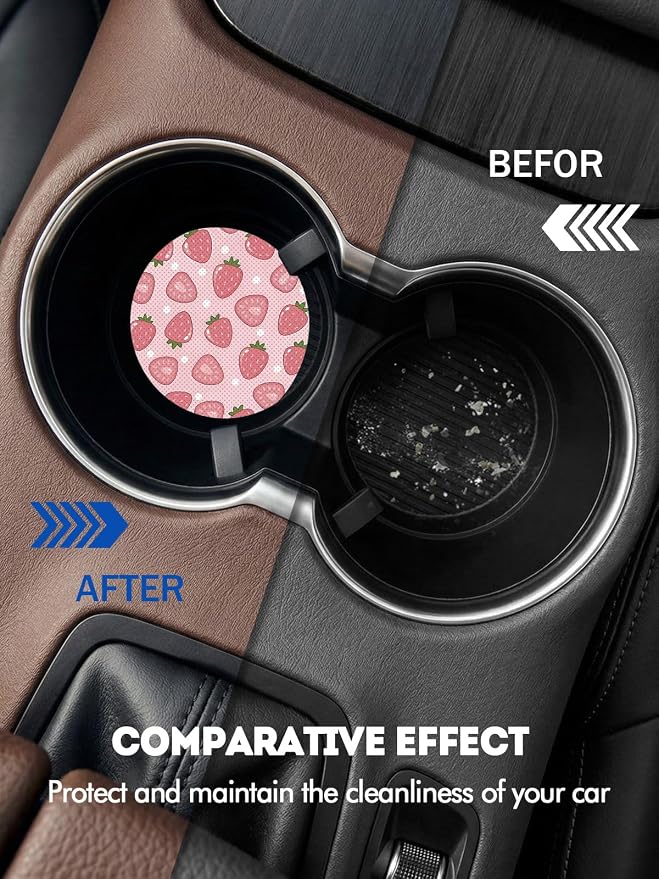 WOCOCN Car Coasters for Cup Holders - 2 Pack 2.75" Universal Rubber Car Cup Coaster, Non-Slip Waterproof Car Interior Accessories, Cute Car Decor Gifts for Women and Men (Sweet Strawberry)