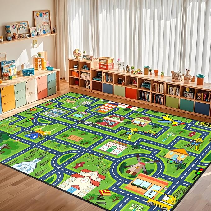 Kids Play Rug 6x9 Feet Large City Road Traffic Carpet for Toy Cars Bedroom Playroom Non Slip Crawling Mat Educational Map Area Rug for Boys Girls Toddlers