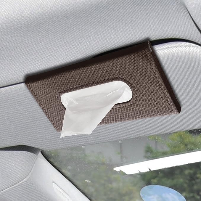 Car Visor Tissue Holder, Tissue Box Holder for Car, Leather Auto Sun Visor Napkin Case Mask Dispenser, Automotive Accessories Rectangular Hanging Auto Napkin Box Fit for Most Vehicles (Brown)