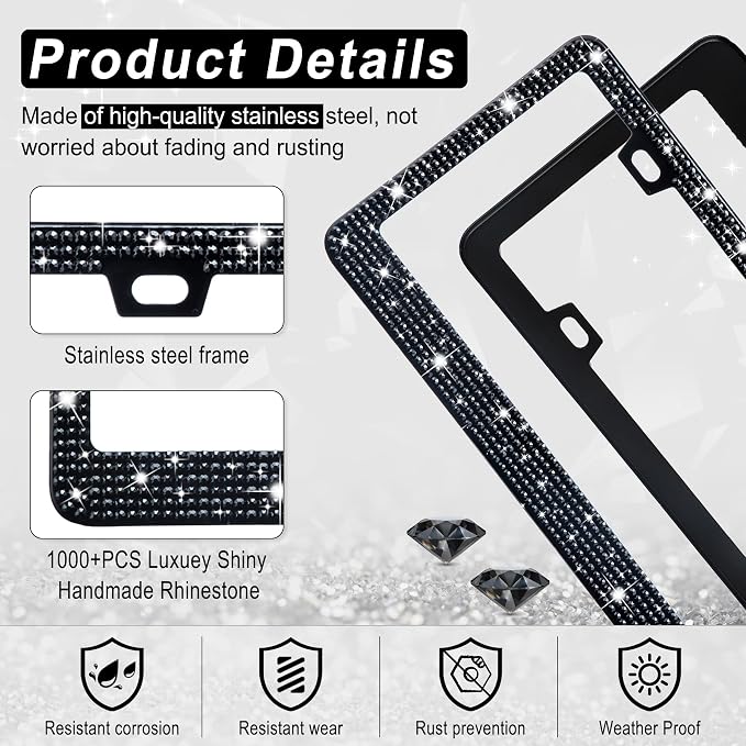 Amiss Bling License Plate Frame for Women, 1Pack Rhinestone Handcrafted Crystal Premium Stainless Steel, Stainless Steel Car Accessories with Diamond Sparkle Glitter Caps (Black)