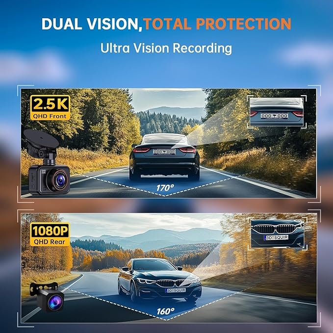 Dash Cam Front and Rear for Cars, 2.5K+1080P Dual Camera with 2" Screen | WDR Night Vision, 170° Lens, G-Sensor, Loop Recording, 360° Mount, Mini Design, 256GB Max, 24H Parking, SD Card Not Included