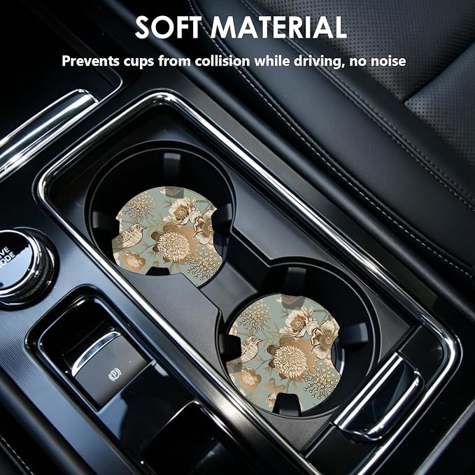 2 Pack Car Coasters，2.75-inch Neoprene Non-Slip Cup Holder Coasters for Car，Cute Car Interior Accessories for Men and Women，Golden Flower