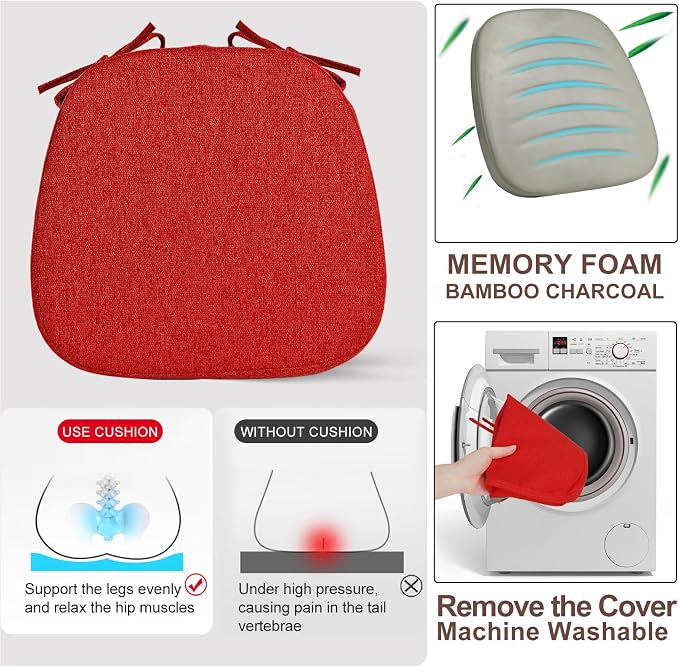 SINOSSO 6 Pack Memory Foam Chair Cushions for Dining Chairs, Friendly Woven Fabric 16" U-Shape Comfortable Kitchen Chair Pads, Removable Slip Resistant Seat Cushions (Set of 6, Red)