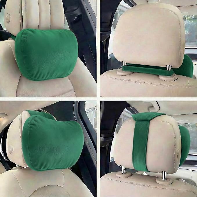2PCS Car Pillow for Car Neck Pillow for Driving Seat Neck Support Soft Cushion Back Support Head-Rests for Vehicle Sleeping with Elastic Adjustment Strap (Green, Head and Lumbar)