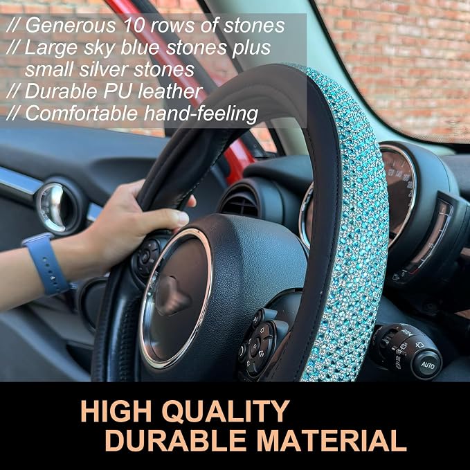 PINCTROT Bling Bling Comfy Steering Wheel Cover with Jumbo Crystal Rhinestones, Anti-Slip Diamond Leather, Universal 15 Inch (Sky Blue)
