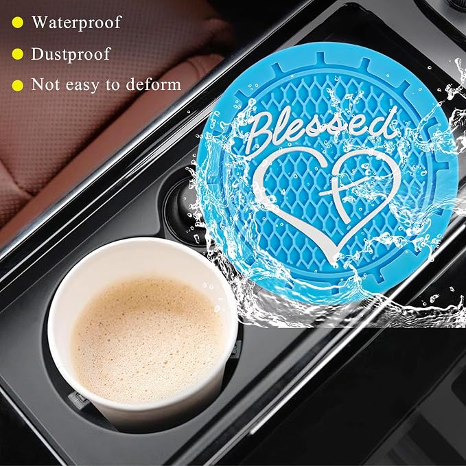 KVAEY 2 PCS Car Cup Holder Coasters, 2.76 Inch Anti Slip Vehicle Drink Mats with Cute Blessed Cross and Heart, Shockproof, Universal Car Accessories (Sky Blue, 4 PCS)