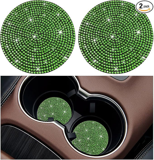 Ziciner 2PCS Bling Car Cup Holder Coaster, 2.73 Inch Anti-Slip Cup Insert Coasters, Crystal Rhinestone Auto Drink Cup Mat, Universal Interior Decor Car Accessories for Women Girls (Light Green)