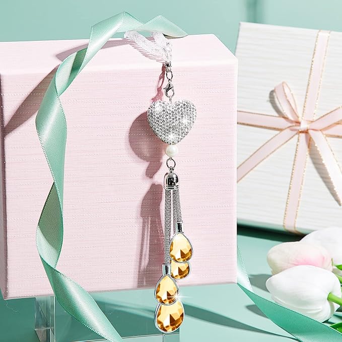 Frienda Bling Car Rear View Mirror Accessories for Women Gift Cute Heart Crystal Hanging Charm Diamond Decoration Lucky Interior Ornament Pendant(9.8 Inch,Champaign Gold)