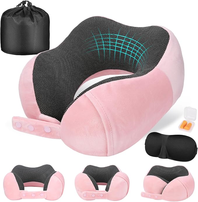 Cirorld Neck Pillow for Traveling, Travel Pillows for Airplanes,100% Pure Memory Foam Travel Neck Pillow, Adjustable Flight Pillow, Portable Plane Accessories with Eye Mask, Earplugs, Carry Bag