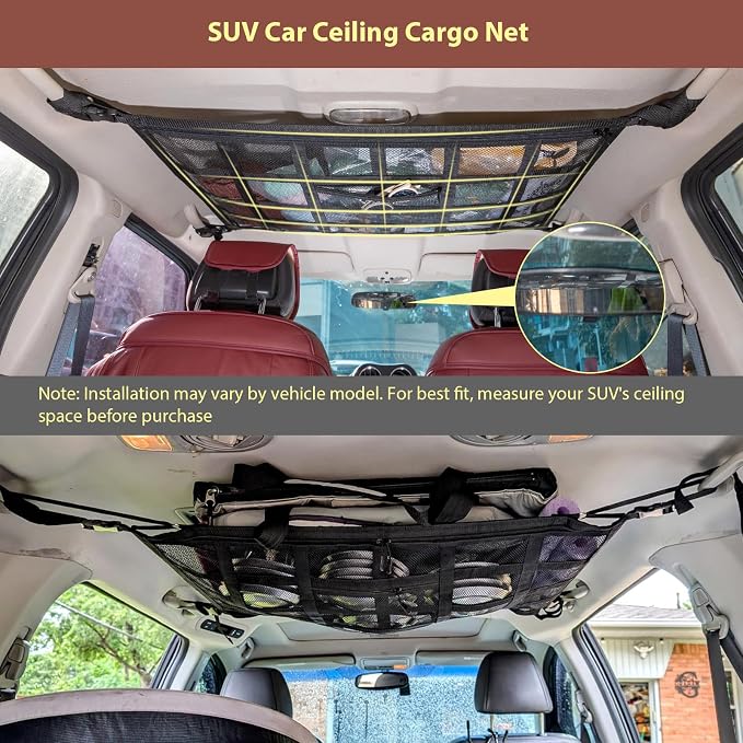 Car Ceiling Cargo Net, 35.4" x 23.6" Double Layer Overhead Storage Organizer for 4 Grab Handle Vehicles,Fits Most SUVs, Vans & Trucks,Mesh Roof Pocket for Camping & Road Trips