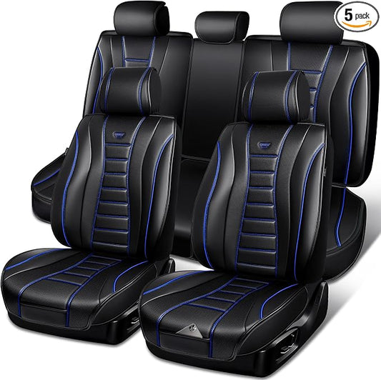 CAR PASS Nappa Leather Seat Covers, Universal FIT Piping Leather Car Seat Cover Full Set for Cars,SUV,Truck 3D Foam Waterproof Leather Seat Covers 5 Luxury Comfy Durable Airbag Compatible Black Blue