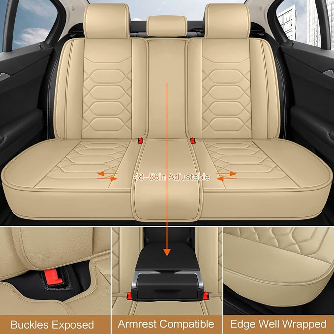 Pariitadin Leather Car Seat Covers Full Set, Waterproof Breathable Faux Leather Automotive Seat Covers for Cars, Non-Slip Car Interior Covers Universal Fit Most Cars Sedans Trucks SUVs, Beige