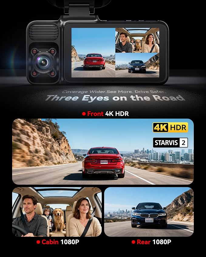 REDTIGER F17 4K 3CH Dash Cam, STARVIS 2 IMX675 HDR, 64GB Card, 5.8GHz WiFi | 2160P+1080P*2 Front Inside and Rear, 4 IR Night Vision, G-Sensor, GPS Tracking, Exclusive App, WDR Car Camera, Parking Mode