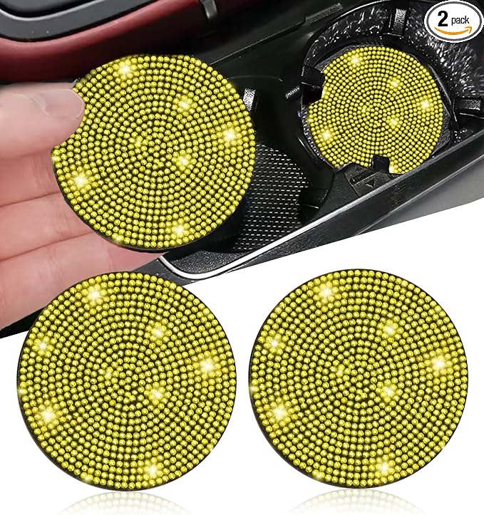 NBTEPEM 2pcs Bling Car Cup Holder Coaster, 2.75 inch Anti-Slip Shockproof Universal Fashion Car Coasters Insert Bling Crystal Rhinestone Automotive Interior Accessories for Women (2 pcs, Yellow)
