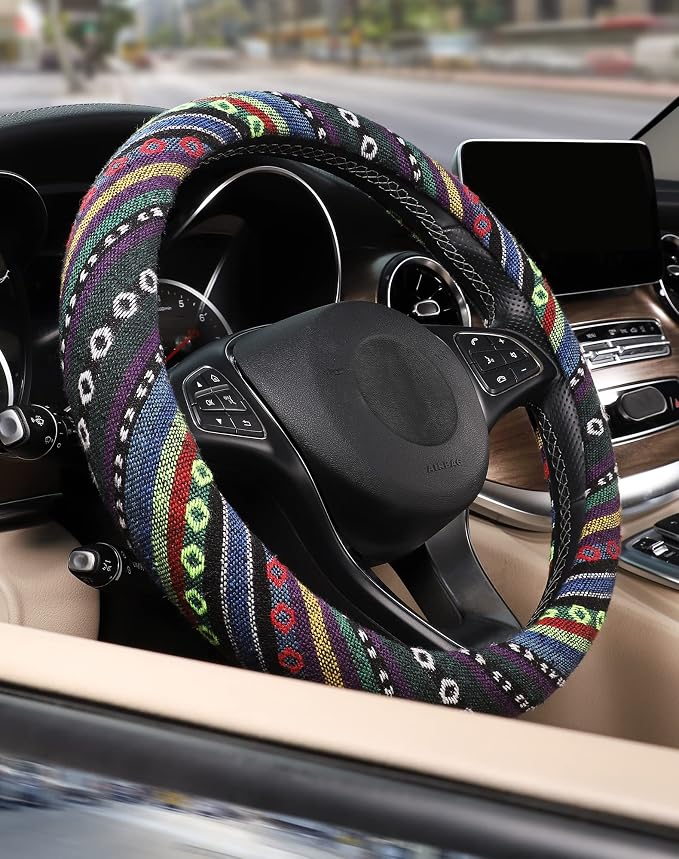 SEG Direct Boho Steering Wheel Cover, Baja Blanket Cloth, Coarse Flax | Bohemian Car Decor, Ethnic Style, Coarse Flax, Fabric Cover Fits 14 1/2-15 1/4 inches Standard Medium Size, for Women Men