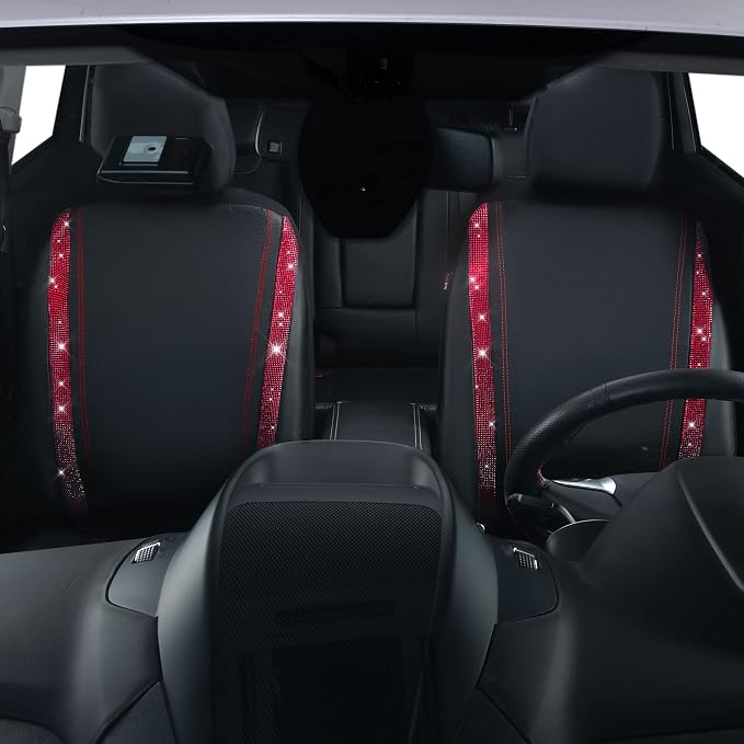 CAR PASS Leather Bling Diamond Car Seat Covers 2 Front Interior Sets, Waterproof Universal Shining Glitter Crystal Sparkle Fit for 95% Automotive Truck SUV Cute Women Girl, Black Red Rhinestone