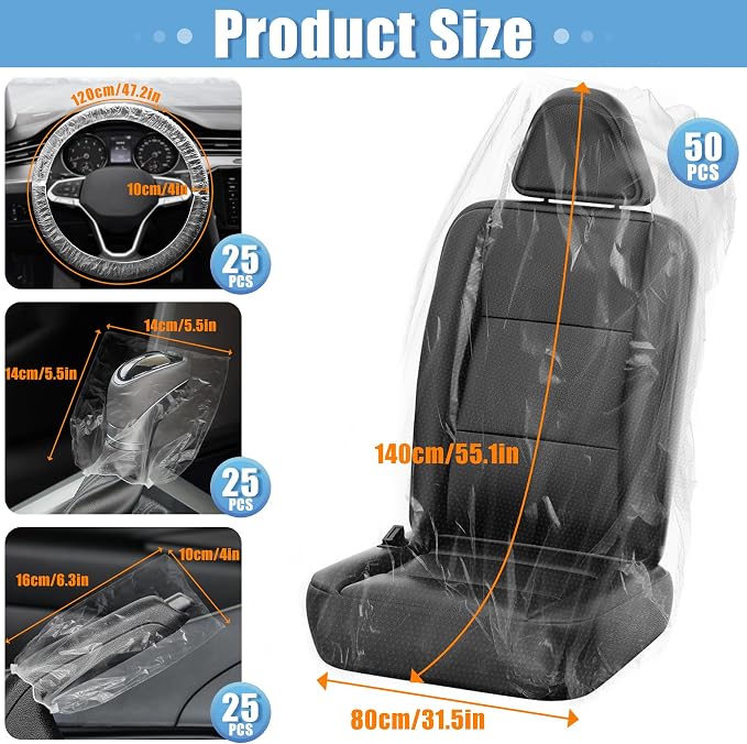 MYFAMIREA 125 PCS Disposable Car Seat Covers Clear Plastic Vehicle Seat Protector Set with Steering Wheel, Gear Shift and Handbrake Covers, Universal for Cars Auto Truck Bus Airplane