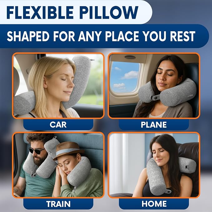 Twist Memory Foam Neck Pillow Travel Airplane, Car & Train - Adjustable & Bendable Airplane Pillow for Long Flight, Breathable, Washable Cotton Cover, Eye Mask & Earplugs | Neck, Chin & Lumbar Support