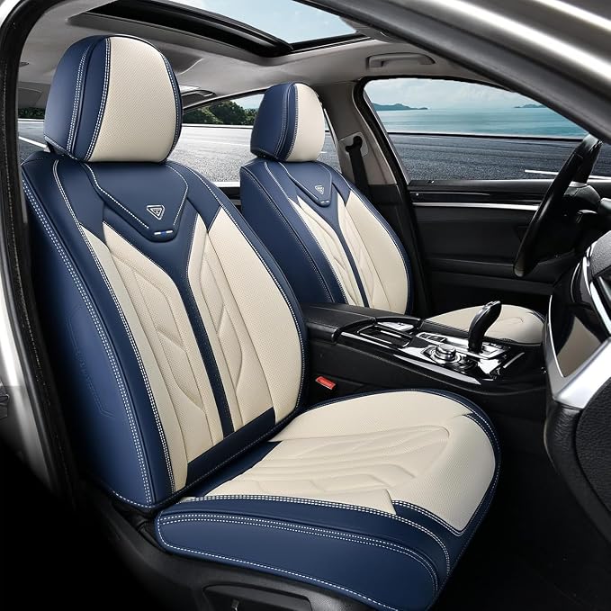 Coverado Car Seat Covers Full Set, Leather Seat Covers for Cars, Waterproof Automotive Seat Covers Car Seat Protectors Car Accessories Universal Fit for Most Sedans SUV Pick-up Truck(Blue&Beige)