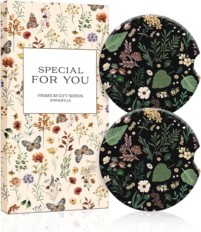 Swooflia Floral Absorbent Ceramic Car Coasters Set of 2, Cute Botanical Wildflower Cup Holder Coasters for Car, Black Green Flower Car Accessories for Women, Unique Gifts for Mom, Friends, Teachers