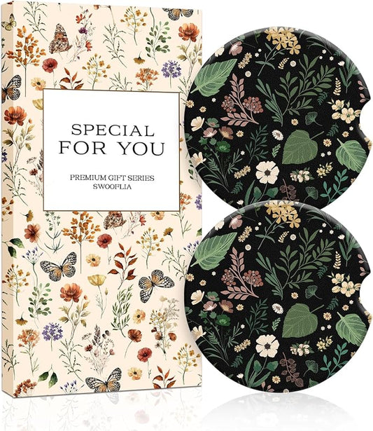Swooflia Floral Absorbent Ceramic Car Coasters Set of 2, Cute Botanical Wildflower Cup Holder Coasters for Car, Black Green Flower Car Accessories for Women, Unique Gifts for Mom, Friends, Teachers