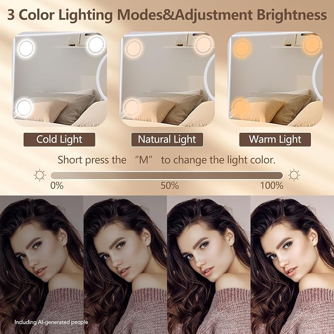 Lighted Makeup Mirror, Hollywood Vanity Mirror with 9 LED Bulbs, 3 Color Lights, and Detachable 10X Magnification Mirror, 1200mAh Rechargeable, Touch Control, 360°Rotation, White 14.05" * 12"