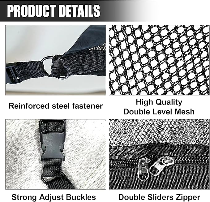 Car Ceiling Cargo Net, Double-Layer Mesh Vehicle Roof Organizer with 3 Handles, 35" x 25" Strengthen Load Bearing Auto Interior Storage Mesh with Zipper for SUV, Road Trip & Camping (L)