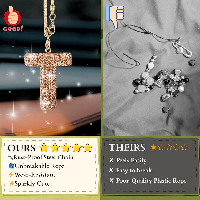 Bling Car Accessories for Women Letter Charm, Rainbow Crystal Rearview Mirror Pendant, Cute Diamond Rhinestone Car Decor, Lucky Gift for Women(T, Champagne Gold)