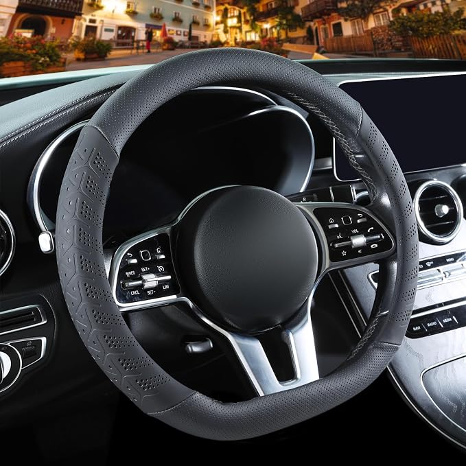 3D Soft 14 inch Leather D Shape Steering Wheel Cover Black | Breathable Anti-Slip Premium Skin-Feel Perforated Thin Nappa Leather, Small 13.5 inch to 14 inch
