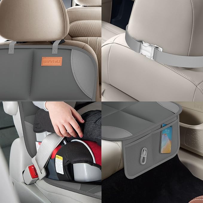 SMART ELF 2-Pack in Gift Box Car Seat Protector, Heavy-Duty Cushion for Child Seats with Extra Padding & Anti-Slip Backing, Storage Mesh Pockets for Car, SUV, Truck (Dark Gray)