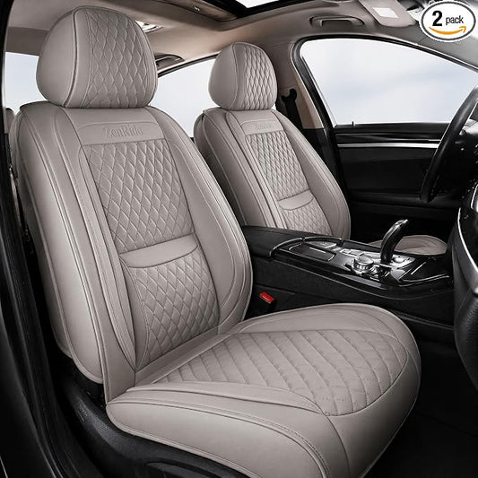 Gray Thick Nappa Leather Automotive Front Car Seat Covers Set of 2 | Univerasal Precision Fit,Lumbar Support,3D Contoured,Semi Coverage,Waterproof,ThickTexture,for most Suvs Trucks Sedans