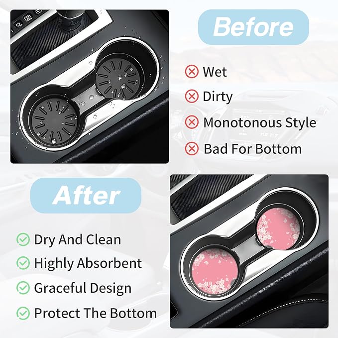 Pink Cherry Blossom Car Coasters for Cup Holders,2 Pack Car Cup Holder Coasters for Car,Ceramic Absorbent Car Coaster with A Finger Notch and Cork Base,Car Interior Accessories for Women Men