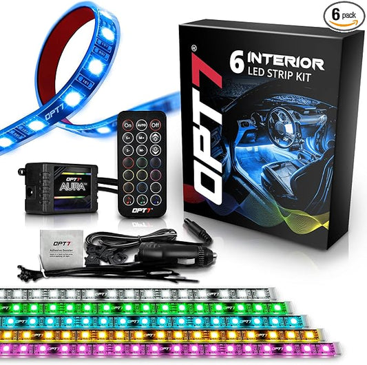 OPT7 Aura RGB Interior SUV & Van Lights with Remote Control, 6PC LED Kit | Extended Footwell Lighting, Full SUV Coverage, 3-Row Car Decor, Interior Ambient Glow, Sound Sync,12V LED Strips