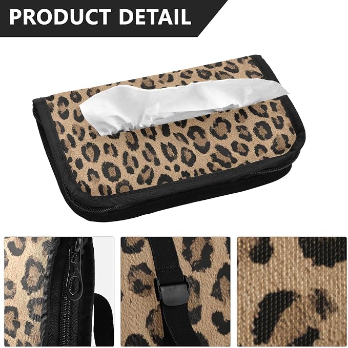 Car Tissue Holder Car Napkin Holder Box Dispenser Storage Case Sun Visor Mask Holder with Adjustable Straps Reusable Refillable Brown Leopard Print