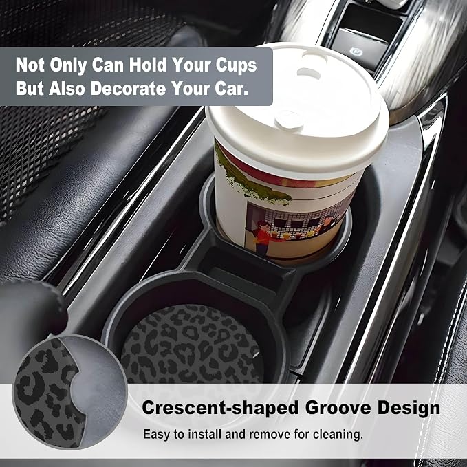 2 Pack Car Coasters for Cup Holders, 2.56" Universal Absorbent Ceramic Stone Car Cup Holder Coasters with Non-Slip Cork Base,Car Interior Accessories for Women Men(Black Leopard Cheetah Print)