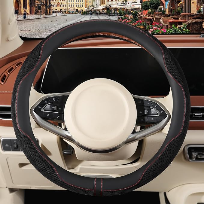 Nappa Leather Ice Silk Fabric Black Steering Wheel Cover | Non-Slip Breathable Soft Car Accessories, Warm in Winter and Cool in Summer Universal 14.5 inch to 15 inch