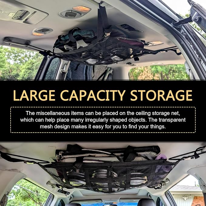 Car Roof Storage Net, Double Layer Mesh Polyester Auto Ceiling Cargo Net, 31.5" x 21.6" Camping Overhead Storage Organizer, Universal for Sedans Jeeps SUVs (Black)