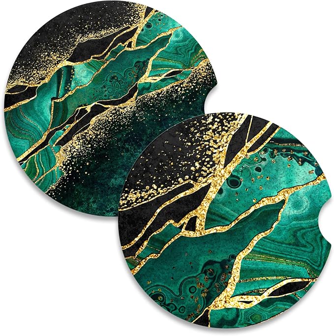 Nipichsha Car Coasters for Cup Holders, 2 Pack Absorbent Ceramic Car Cup Holder Coaster for Drinks, Cute Auto Assecories for Women, Universal Size 2.56 in with Finger Notch & Cork Base, Green Marble