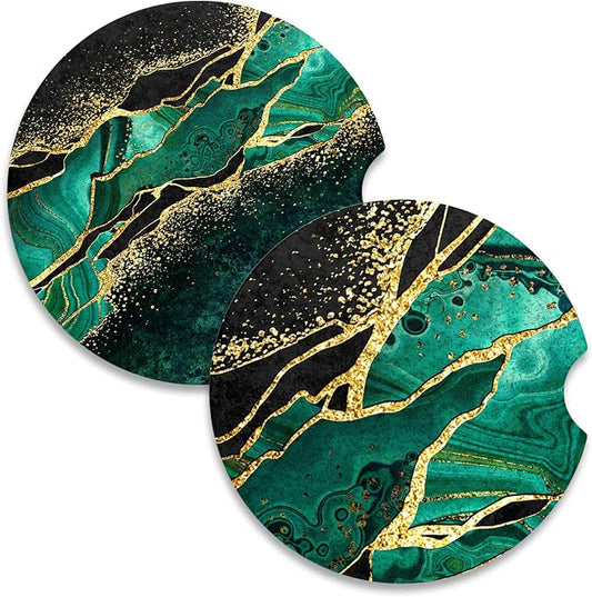 Nipichsha Car Coasters for Cup Holders, 2 Pack Absorbent Ceramic Car Cup Holder Coaster for Drinks, Cute Auto Assecories for Women, Universal Size 2.56 in with Finger Notch & Cork Base, Green Marble