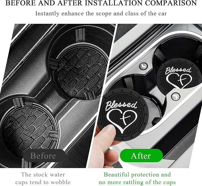 KVAEY 2 PCS Car Cup Holder Coasters, 2.76 Inch Anti Slip Vehicle Drink Mats with Cute Blessed Cross and Heart, Shockproof, Universal Car Accessories (Black, 4 PCS)