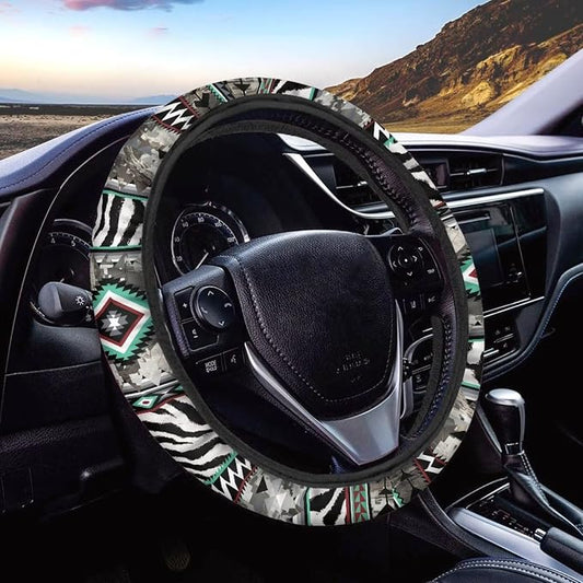Wanyint Auto Steering Wheel Cover for Women Men, Universal 15 Inch Soft Elastic Steering Wheel Wrap Anti-Slip Easy to Install Car Accessories, Aztec Camo Zebra Print