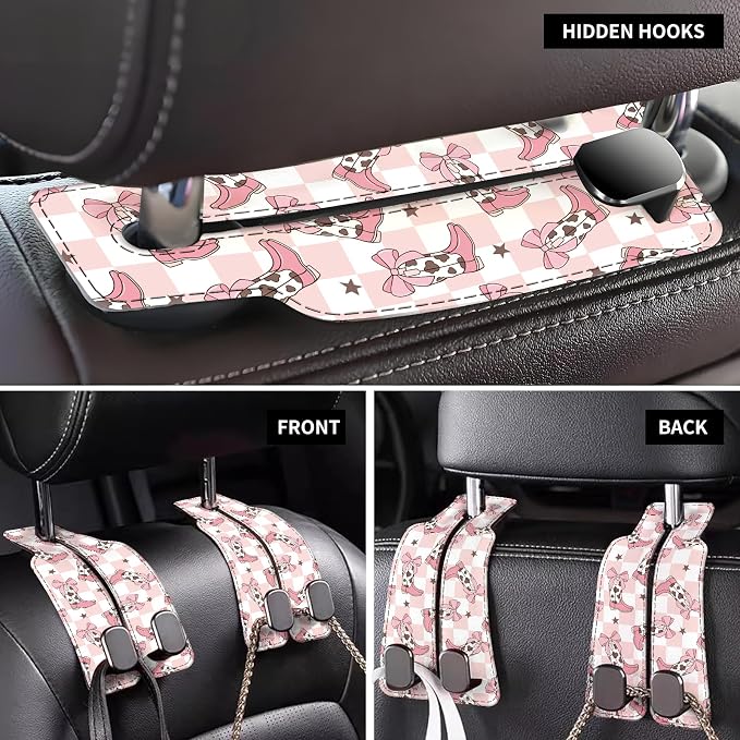 Car Seat Back Storage Headrest Hook, Premium Leather Double Metal Hook, Hanger Storage Organizer for Purse Cloth Bag, Car Interior Accessories Checkered Cow Bowtie
