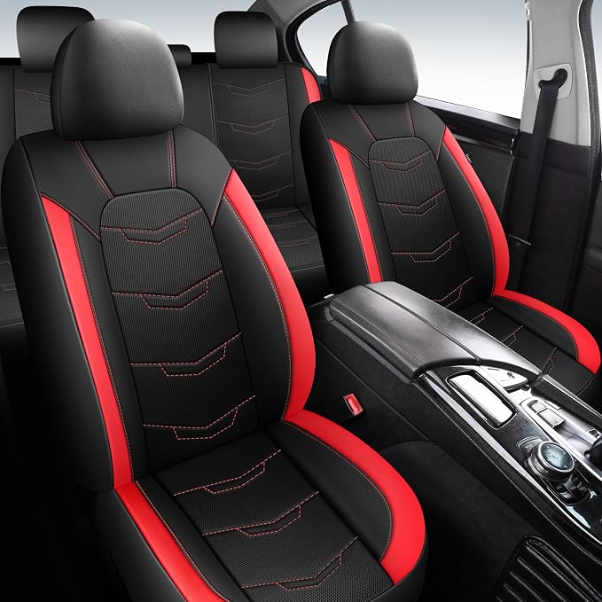 HChengkikz Car Seat Cover, Breathable and Sporty (Black + Red) | Leather, Universal Fit for Most SUVs, Cars, Sedans, Trucks, Airbag Compatible, Easy to Install
