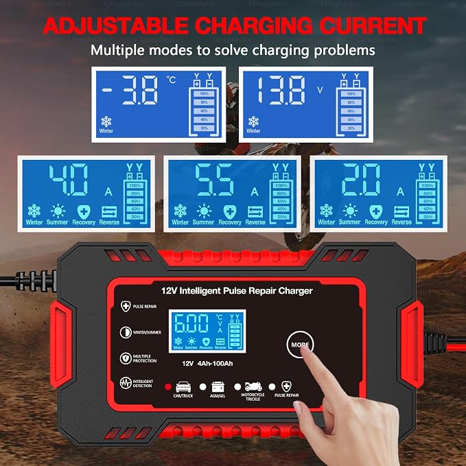 12V 6-Amp Battery Charger, Smart Trickle Charger & Maintainer RED | Battery Desulfator, Winter & Summer Mode, Lead-acid Battery Chargers, for Car Truck Motorcycle Lawn Mower Boat