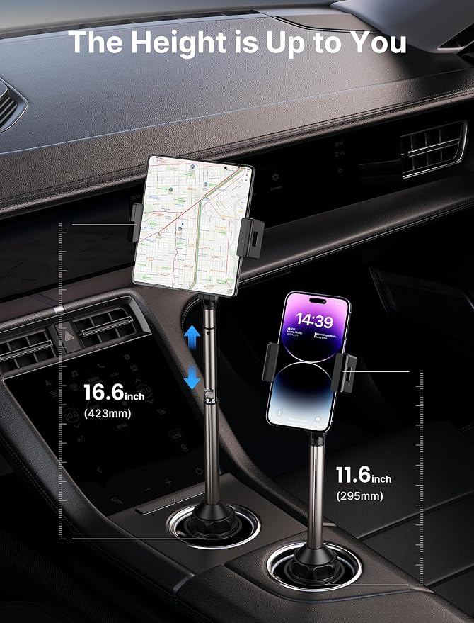 JSAUX Car Cup Holder Phone Mount for Foldable Phones & Mini Tablets | Sturdy Metal Long Arm, Flexible Height and Angle, Adjustable Base, Secure Phone Grip, Fits 2.17-4.33 in Car Cup Holders