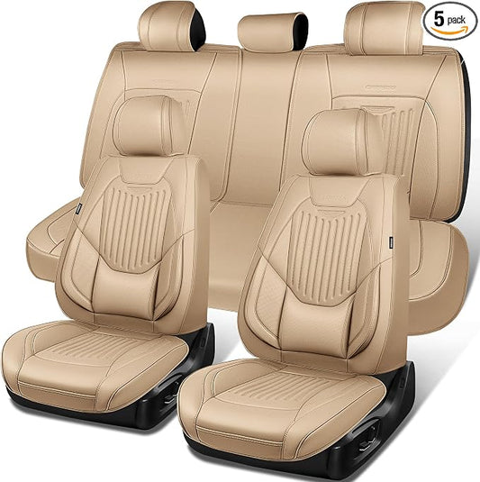 CAR PASS Luxury Nappa Leather Car Seat Covers Full Set, Lumbar Support Seat Covers for Car 5 Seats, Waterproof Car Seat Protector, Automotive Seat Covers Universal Fit for Most Sedans SUV Trucks Beige