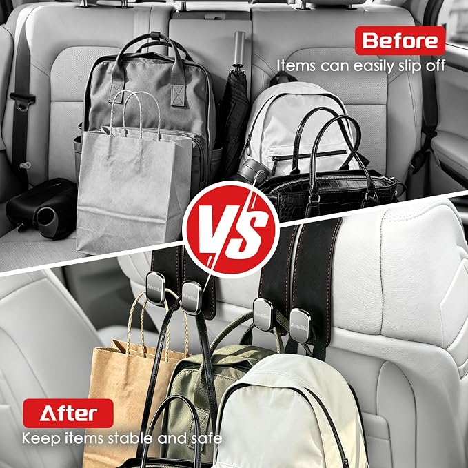 Car Headrest Hook, Car Seat Headrest Hooks and Purse Hook for Car, Leather Seat Back Organizer with Phone Holder, Universal Hidden Storage for SUV/Truck (Grey-2Pack)