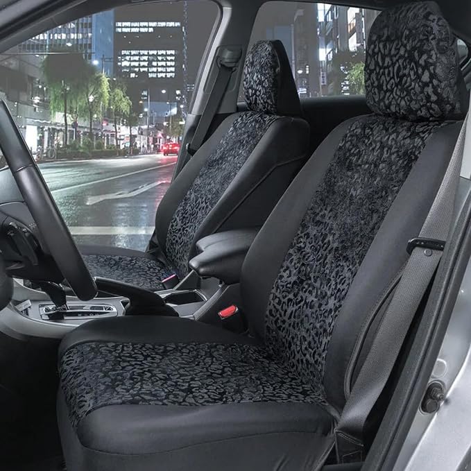 BDK Black Leopard Car Seat Covers for Front Seats, Animal Print Front Seat Cover Set with Matching Headrest, Sideless Design for Easy Installation, Fits Most Car Truck Van and SUV, (Pack of 2)