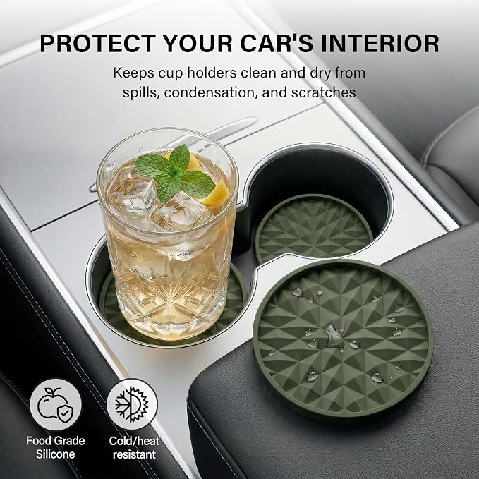 Car Coasters Silicone [4 Pack] 2.75in Universal Mats Non-Slip, Embedded Car Interior Accessories, Car Cup Holders Insert Coasters Decor, Camo Green