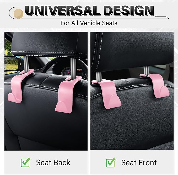 SINGARO 4 Pack Car Seat Headrest Hooks, Vehicle Back Seat Hanger Storage Organizer for Purse Handbag Backpack Coat Grocery, 360° Rotating Heavy Duty Holds 44lbs, Pink